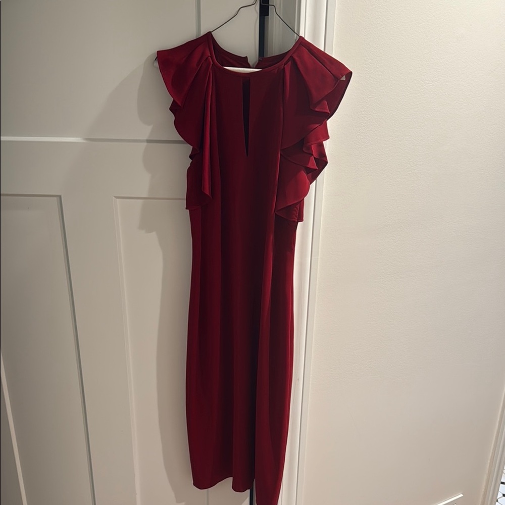 Shoshanna Burgundy Midi Dress with Ruffle Sleeves